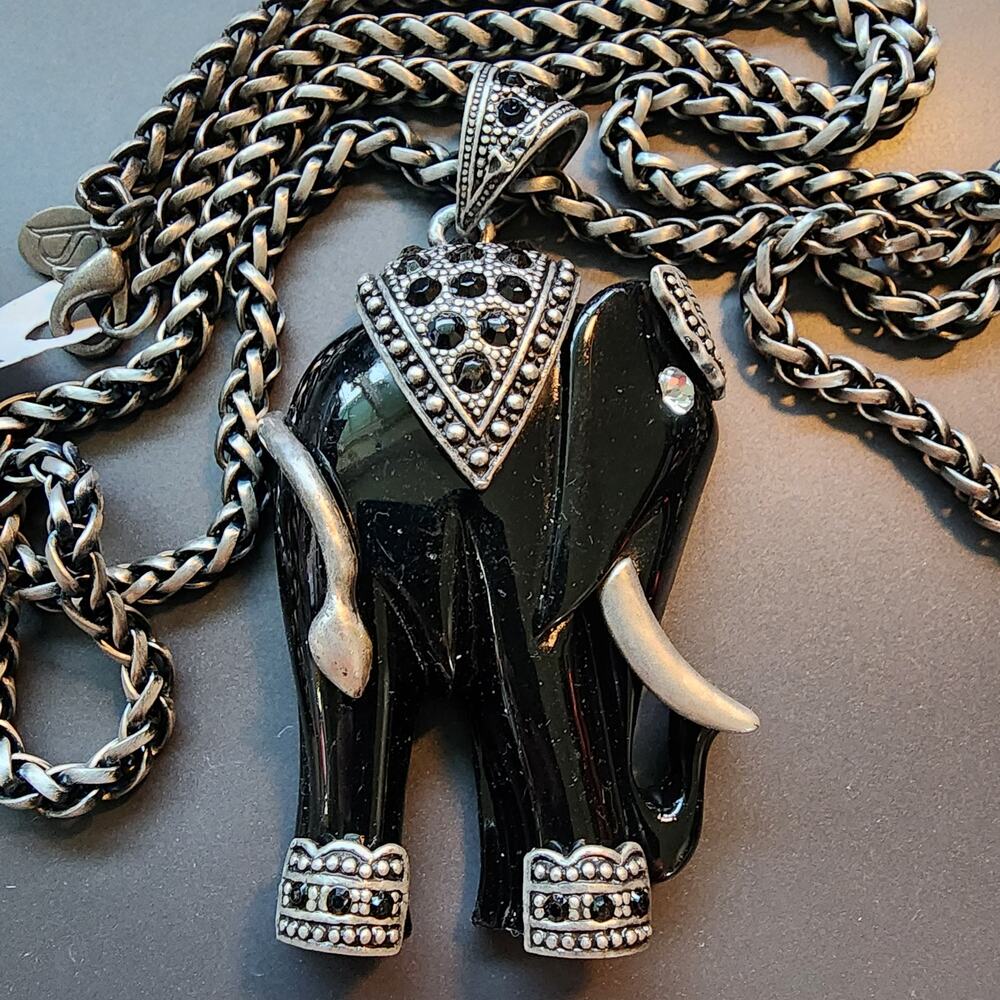 Black Enamel Silver Tone Elephant Necklace Rhinestone Marcasite Accents Vintage